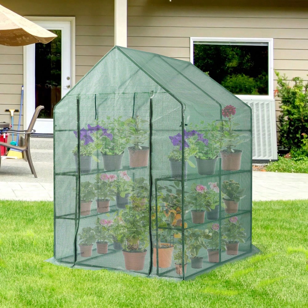 Compact 2-Tier Portable Walk-In Greenhouse with 8 Shelves for Indoor Outdoor Gardening 56L x 56W x 76H Ideal for Herbs Flowers and Vegetable