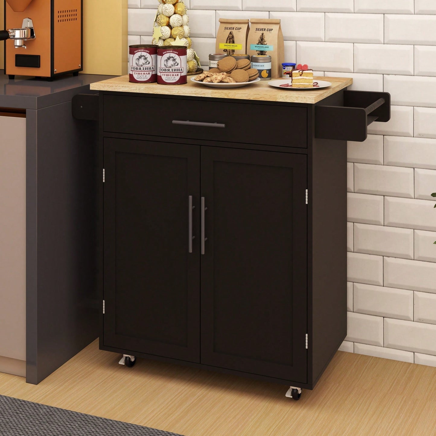 Versatile Rolling Kitchen Island Trolley Cart With Drawer, Doors, Adjustable Shelves, Towel & Seasoning Racks - Black Rubberwood Top