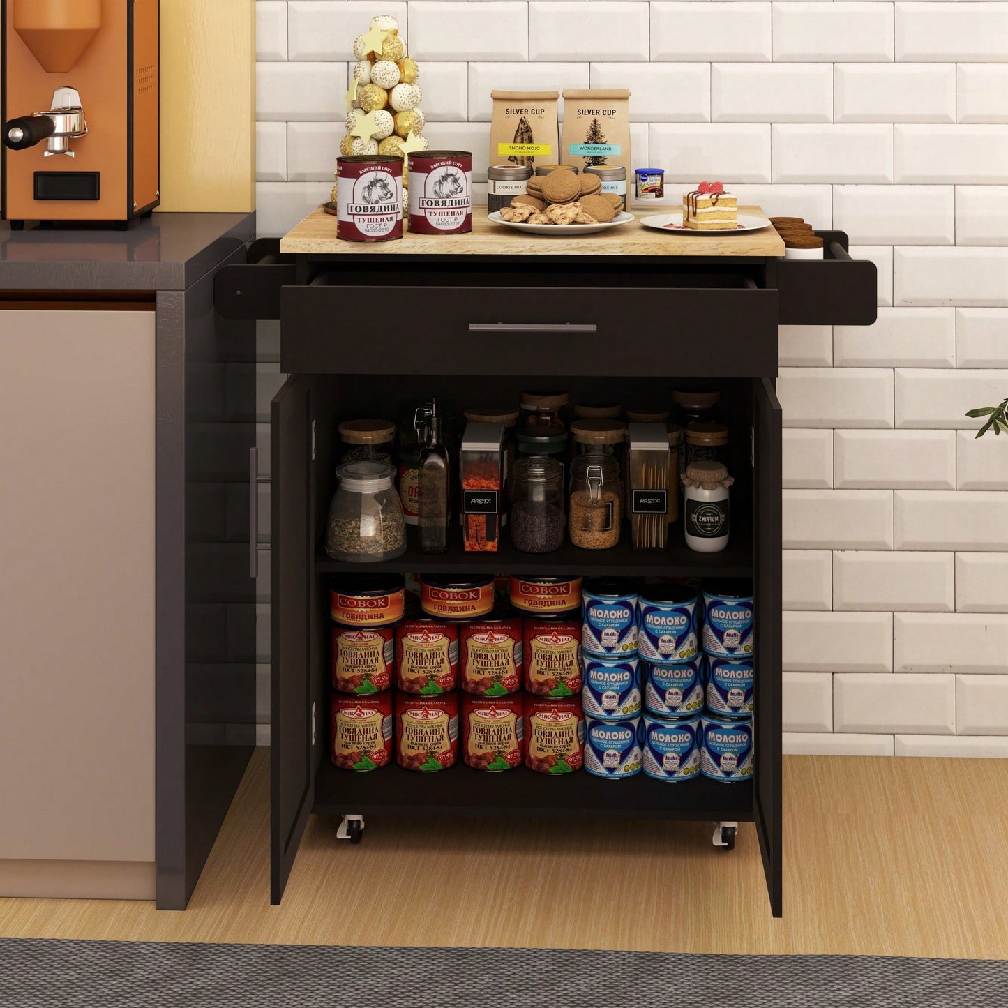 Versatile Rolling Kitchen Island Trolley Cart With Drawer, Doors, Adjustable Shelves, Towel & Seasoning Racks - Black Rubberwood Top