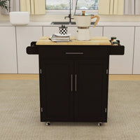 Versatile Rolling Kitchen Island Trolley Cart With Drawer, Doors, Adjustable Shelves, Towel & Seasoning Racks - Black Rubberwood Top