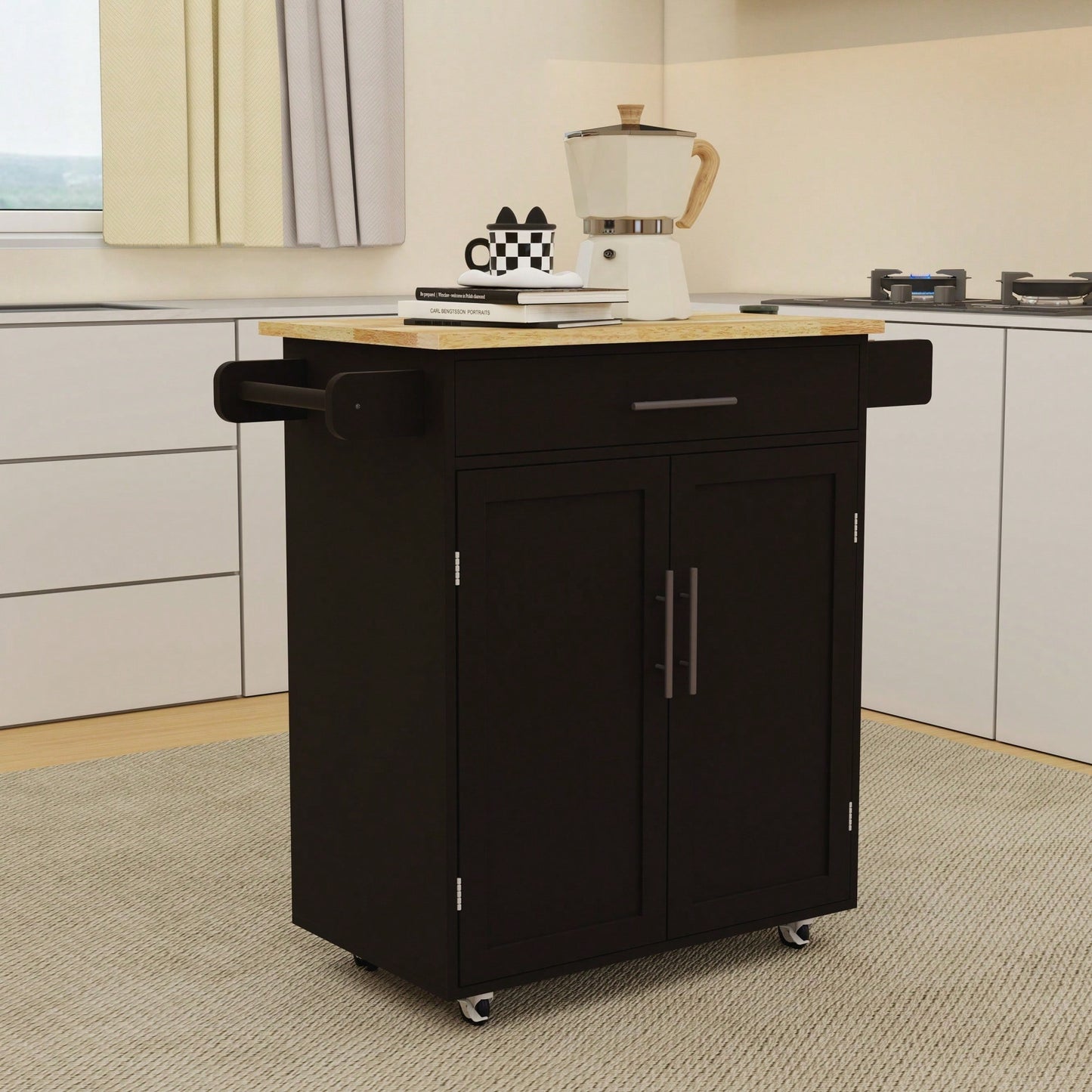 Versatile Rolling Kitchen Island Trolley Cart With Drawer, Doors, Adjustable Shelves, Towel & Seasoning Racks - Black Rubberwood Top