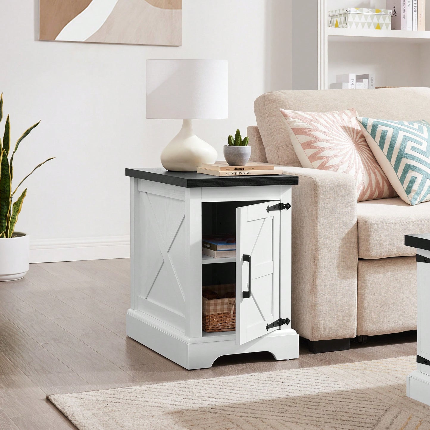 Farmhouse Style Rustic Rectangular Nightstand with Barn Door and Adjustable Shelf White Finish for Living Room and Bedroom