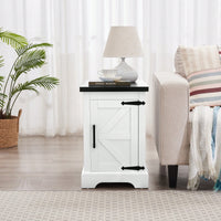 Farmhouse Style Rustic Rectangular Nightstand with Barn Door and Adjustable Shelf White Finish for Living Room and Bedroom