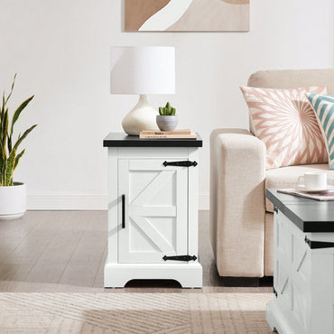 Farmhouse Style Rustic Rectangular Nightstand with Barn Door and Adjustable Shelf White Finish for Living Room and Bedroom