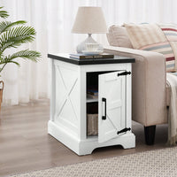 Farmhouse Style Rustic Rectangular Nightstand with Barn Door and Adjustable Shelf White Finish for Living Room and Bedroom
