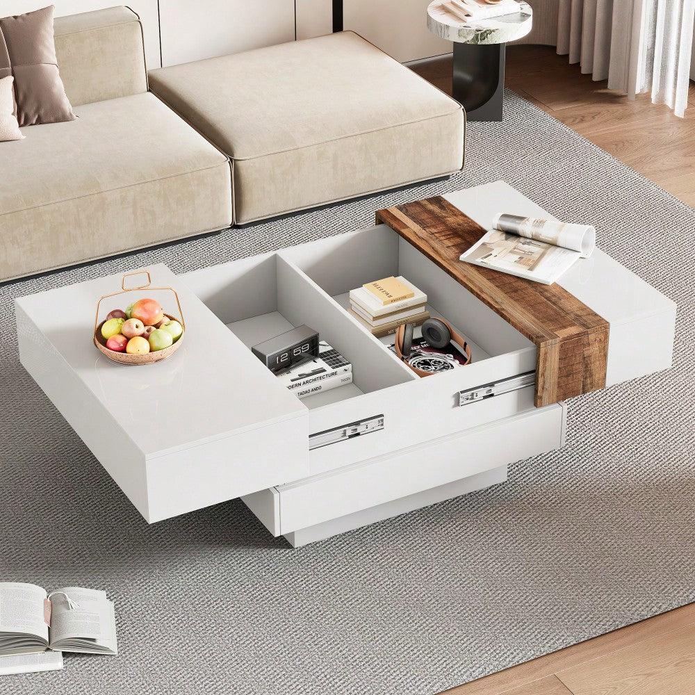 Modern 31.4 Inch Square Coffee Table with Sliding Top Hidden Storage High Gloss Finish Walnut Accent for Stylish Living Rooms