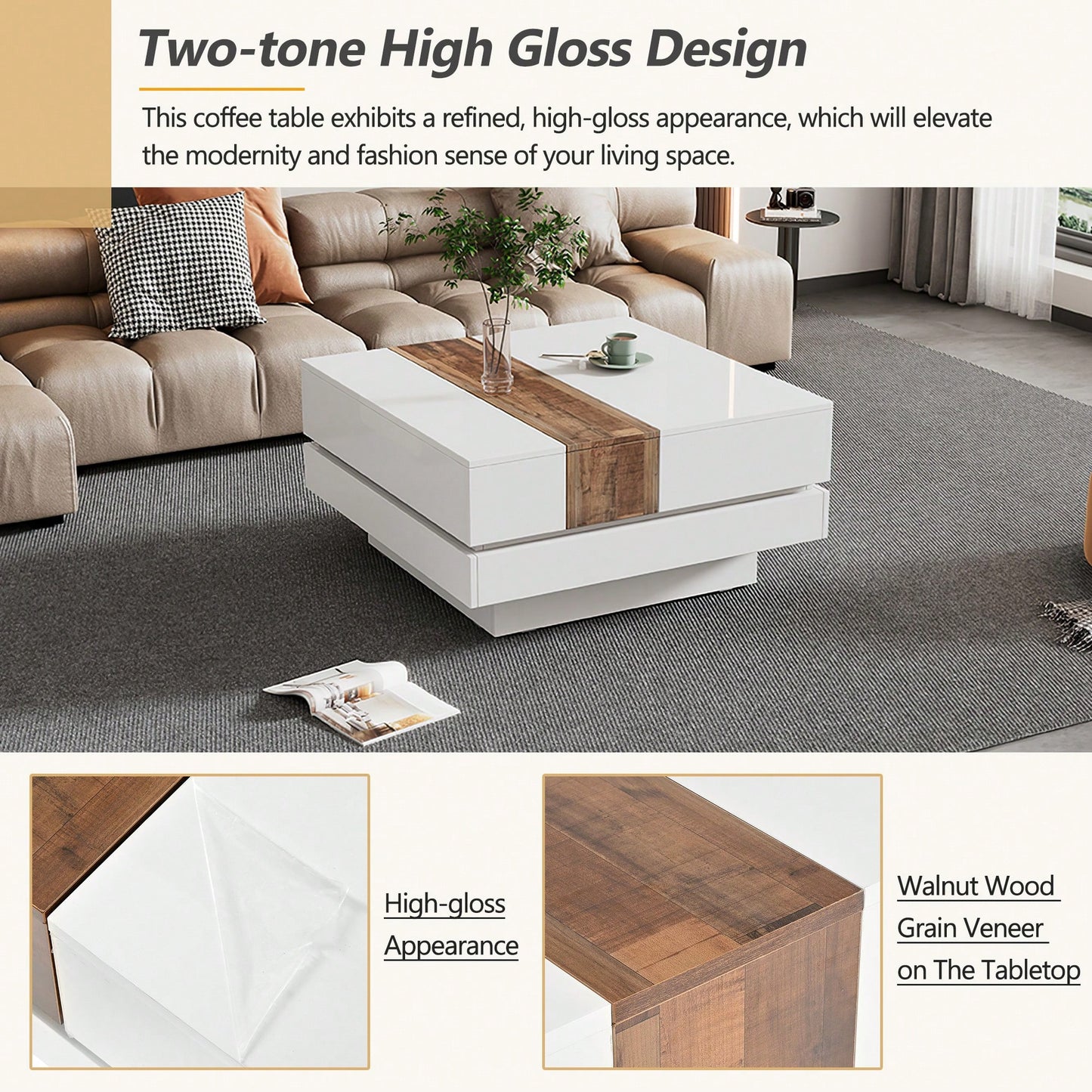 Modern 31.4 Inch Square Coffee Table with Sliding Top Hidden Storage High Gloss Finish Walnut Accent for Stylish Living Rooms