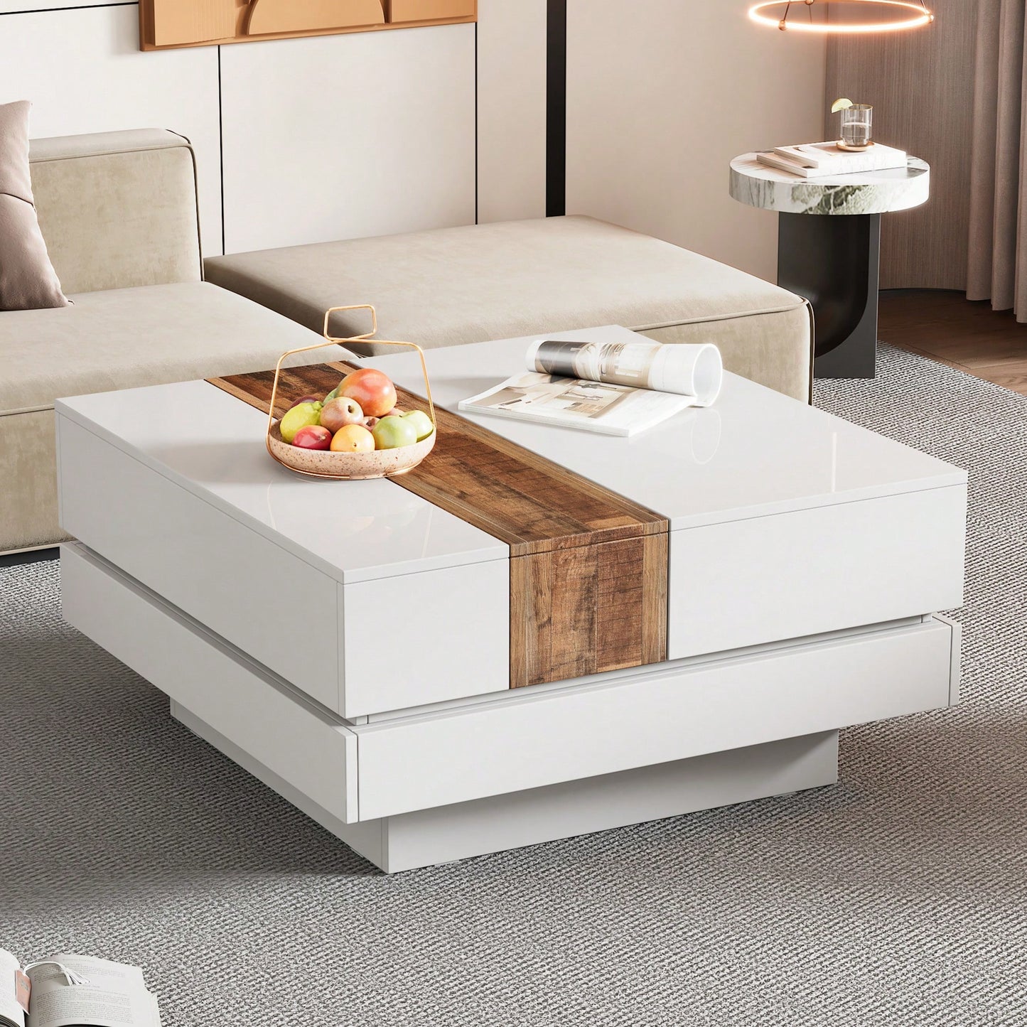 Modern 31.4 Inch Square Coffee Table with Sliding Top Hidden Storage High Gloss Finish Walnut Accent for Stylish Living Rooms