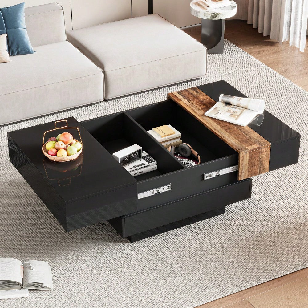 Modern 31.4 Inch Square Coffee Table with Sliding Top Hidden Storage High Gloss Finish Walnut Accent for Stylish Living Rooms