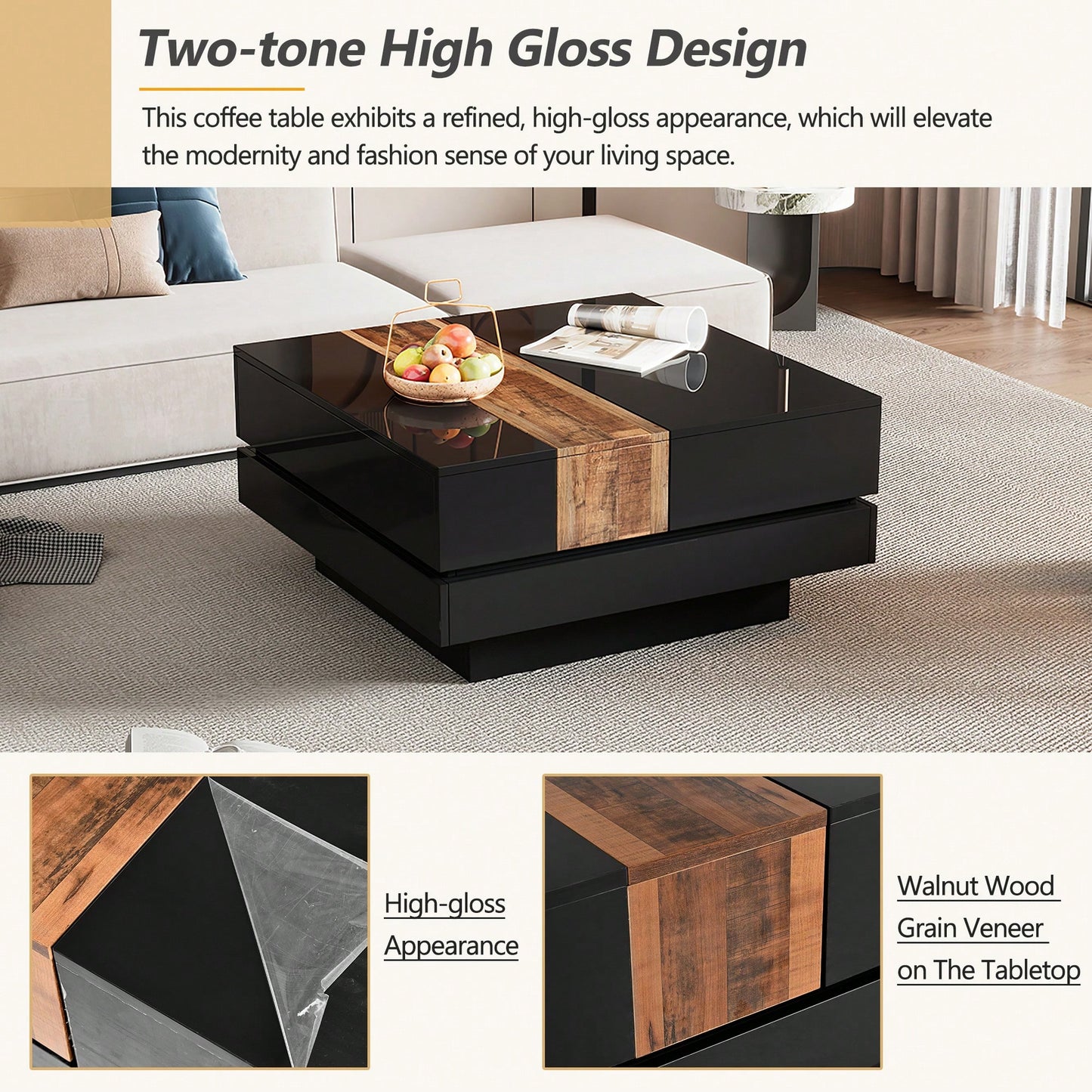 Modern 31.4 Inch Square Coffee Table with Sliding Top Hidden Storage High Gloss Finish Walnut Accent for Stylish Living Rooms