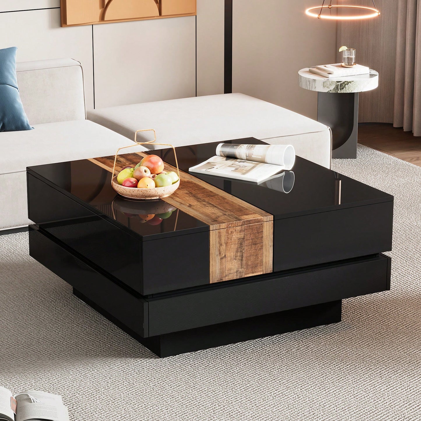 Modern 31.4 Inch Square Coffee Table with Sliding Top Hidden Storage High Gloss Finish Walnut Accent for Stylish Living Rooms