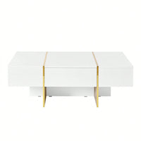 Elegant White High Gloss Coffee Table with Drawers and Gold Legs 47.2 x 31.4 Multi-Storage Center Table for Living Room