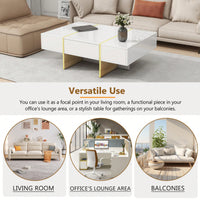 Elegant White High Gloss Coffee Table with Drawers and Gold Legs 47.2 x 31.4 Multi-Storage Center Table for Living Room