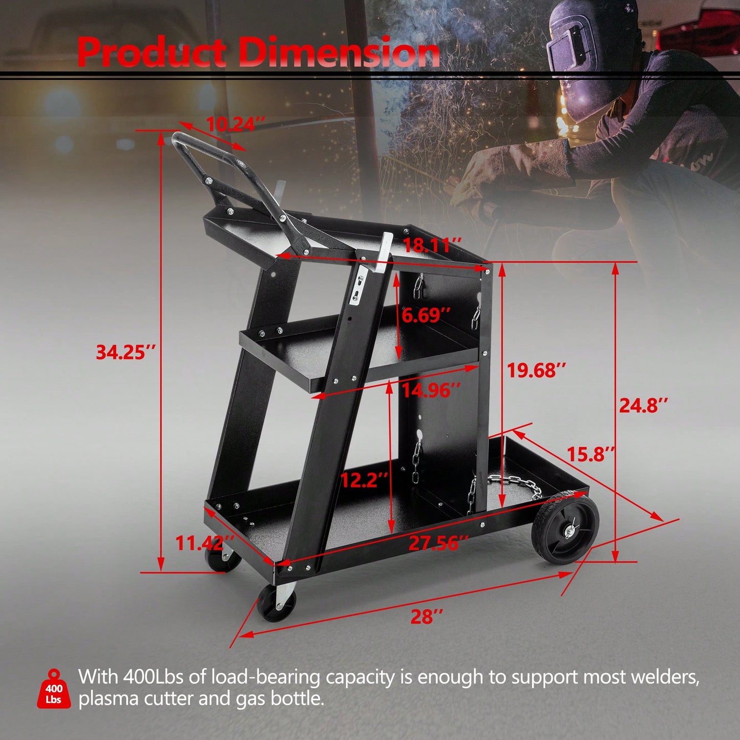 Heavy-Duty 3-Tier Welding Cart With 400Lbs Capacity, 360° Swivel Wheels, And Tank Storage Chains For MIG, TIG, ARC, And MMA Welders