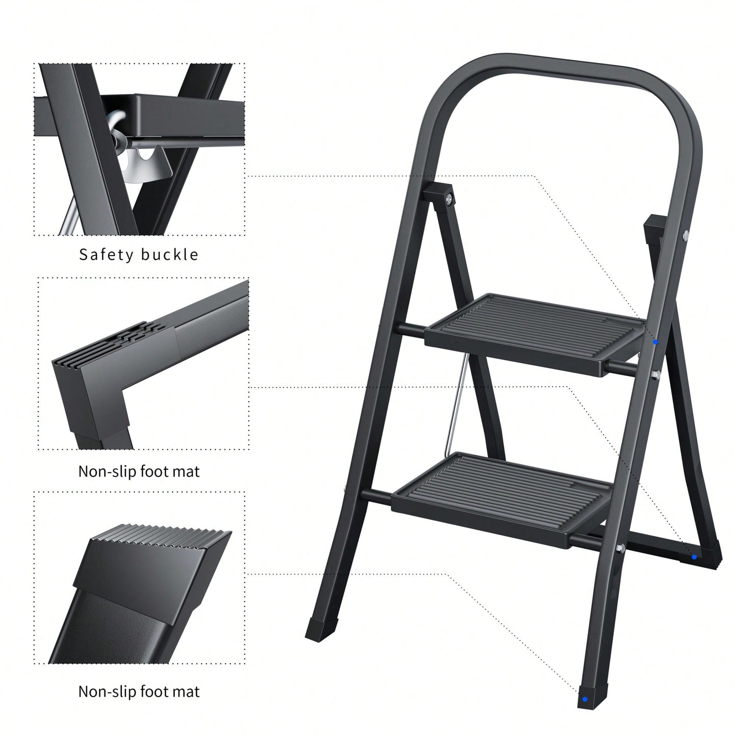 Folding Step Ladder With Wide Anti-Slip Pedal - Durable Steel Step Stool For Adults, Compact And Safe For Home Use