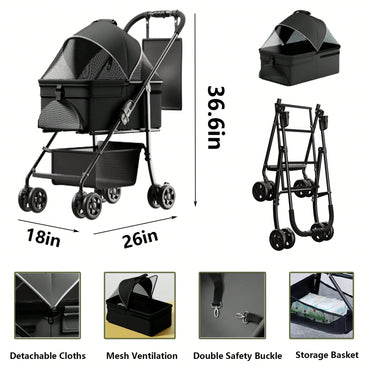 2-in-1 Folding Pet Stroller and Travel Carrier for Small to Medium Dogs and Cats with Waterproof Pad and Sun Shade