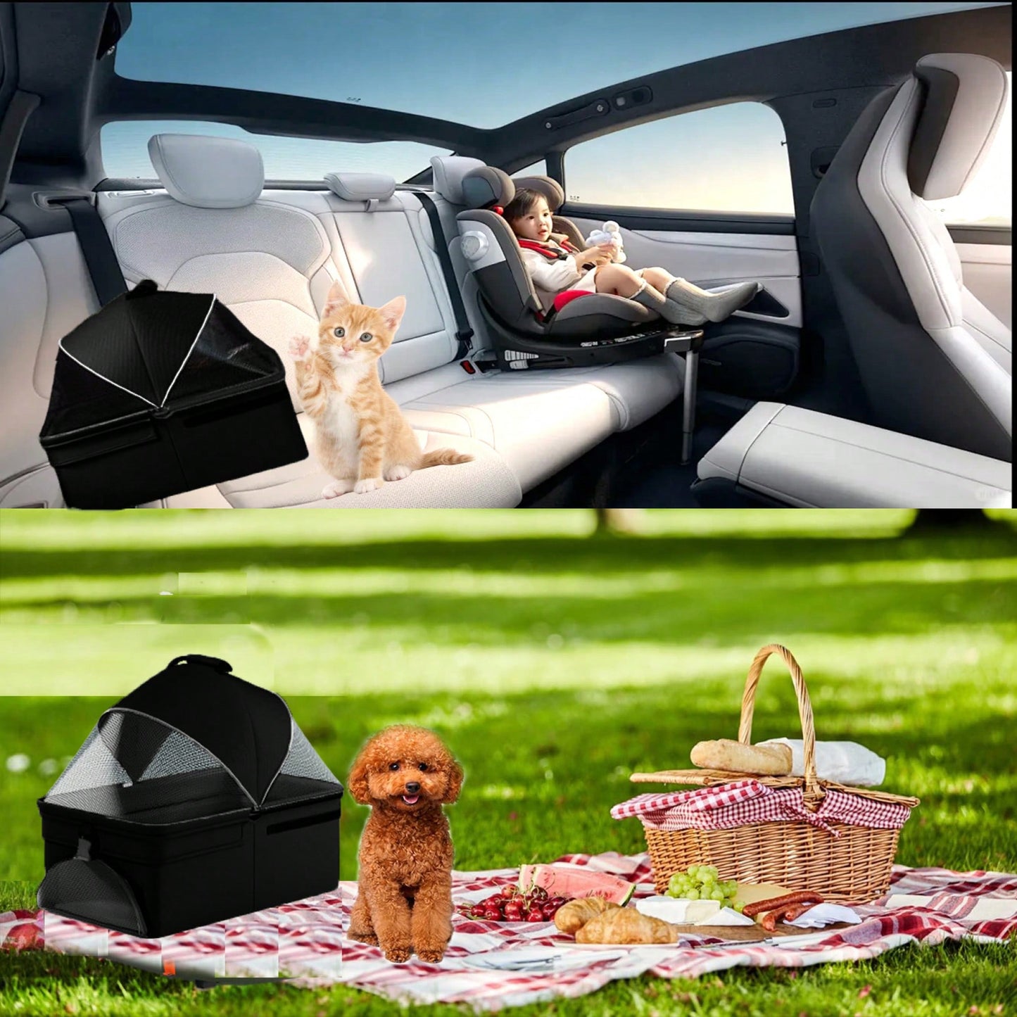 2-in-1 Folding Pet Stroller and Travel Carrier for Small to Medium Dogs and Cats with Waterproof Pad and Sun Shade