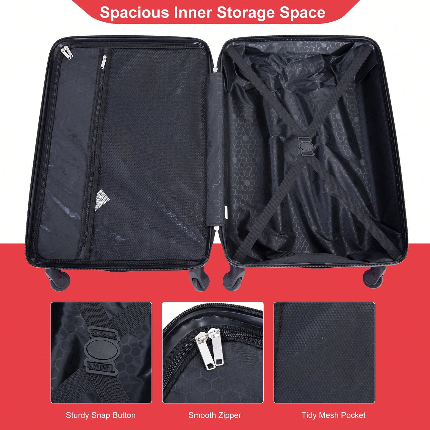 4-Piece Lightweight Hard Shell Luggage Set With Spinner Wheels, TSA Lock, 16/20/24/28 Inch - Sleek Black Travel Case