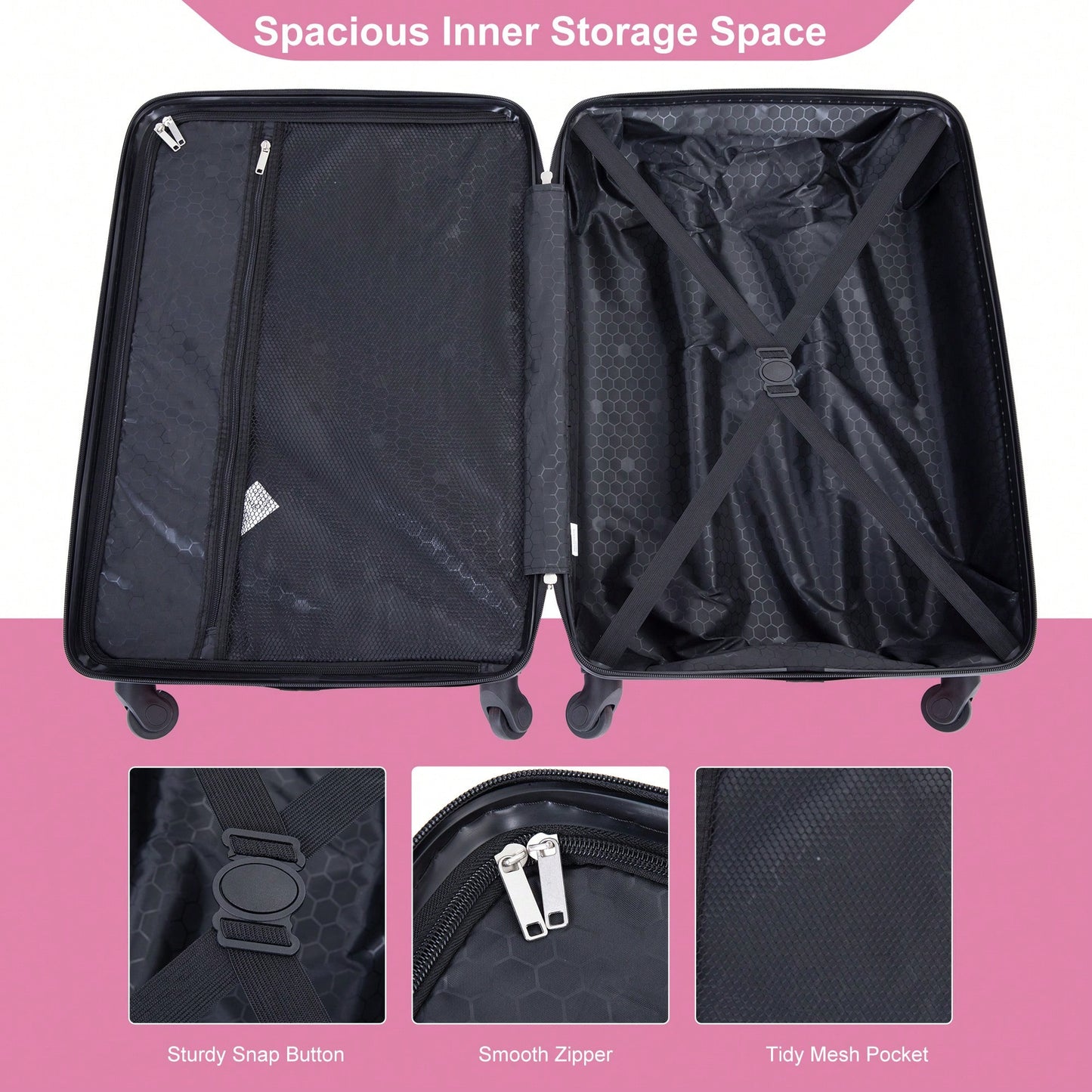 4-Piece Lightweight Hard Shell Luggage Set With Spinner Wheels, TSA Lock, 16/20/24/28 Inch - Sleek Black Travel Case