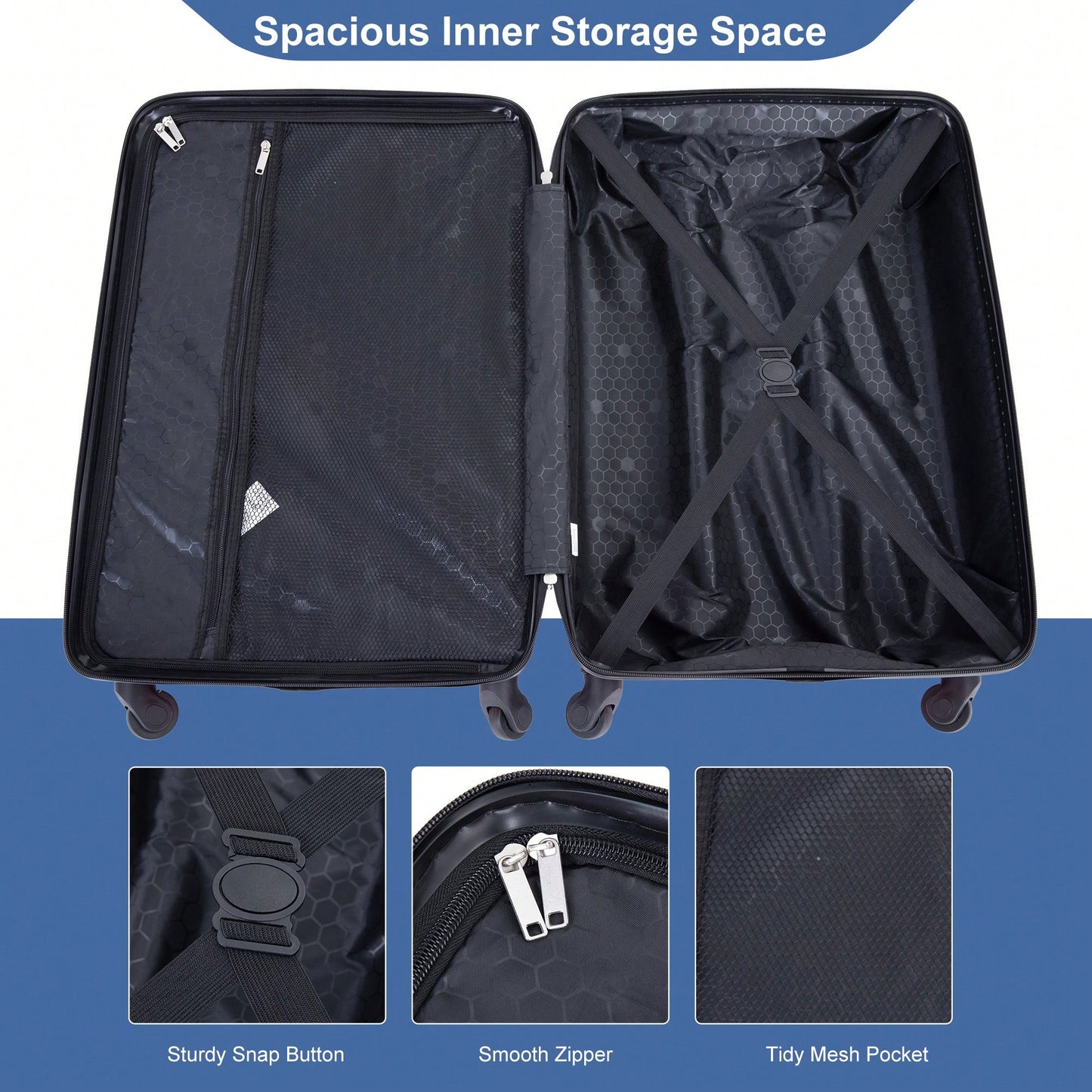 4-Piece Lightweight Hard Shell Luggage Set With Spinner Wheels, TSA Lock, 16/20/24/28 Inch - Sleek Black Travel Case