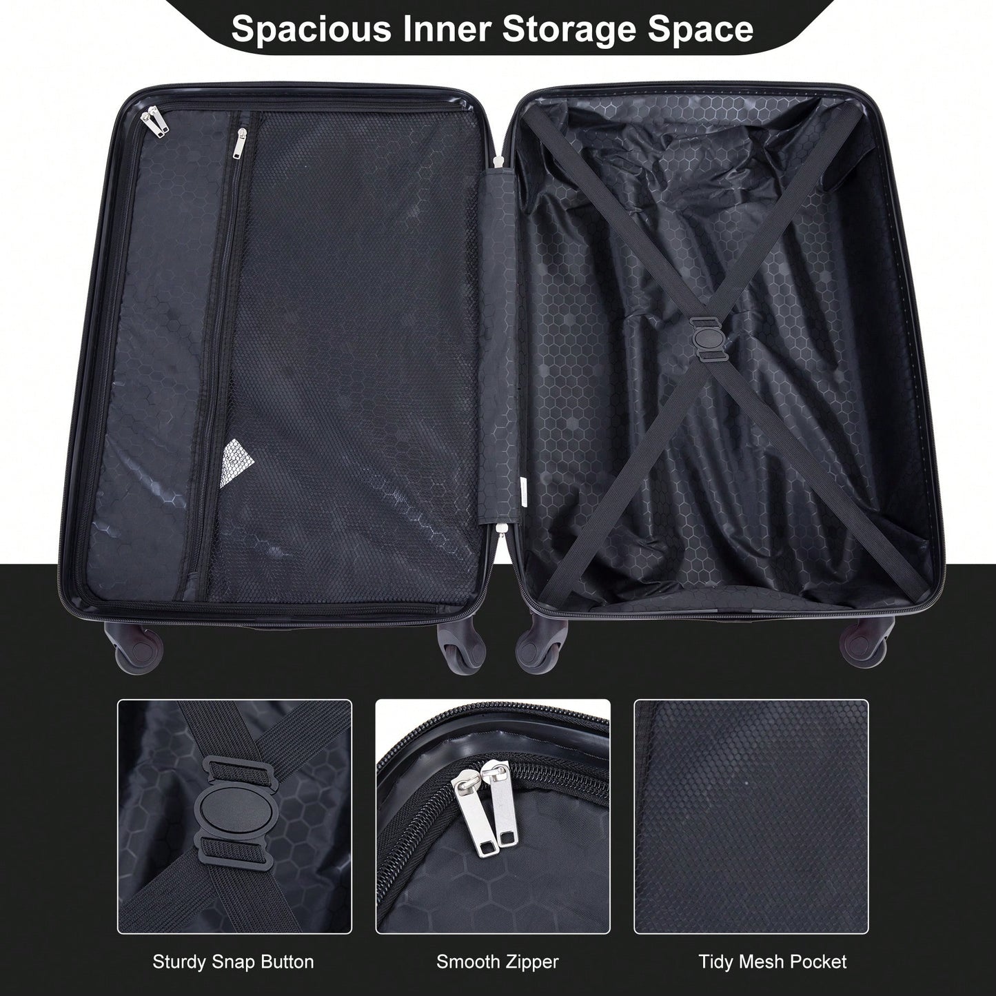 4-Piece Lightweight Hard Shell Luggage Set With Spinner Wheels, TSA Lock, 16/20/24/28 Inch - Sleek Black Travel Case