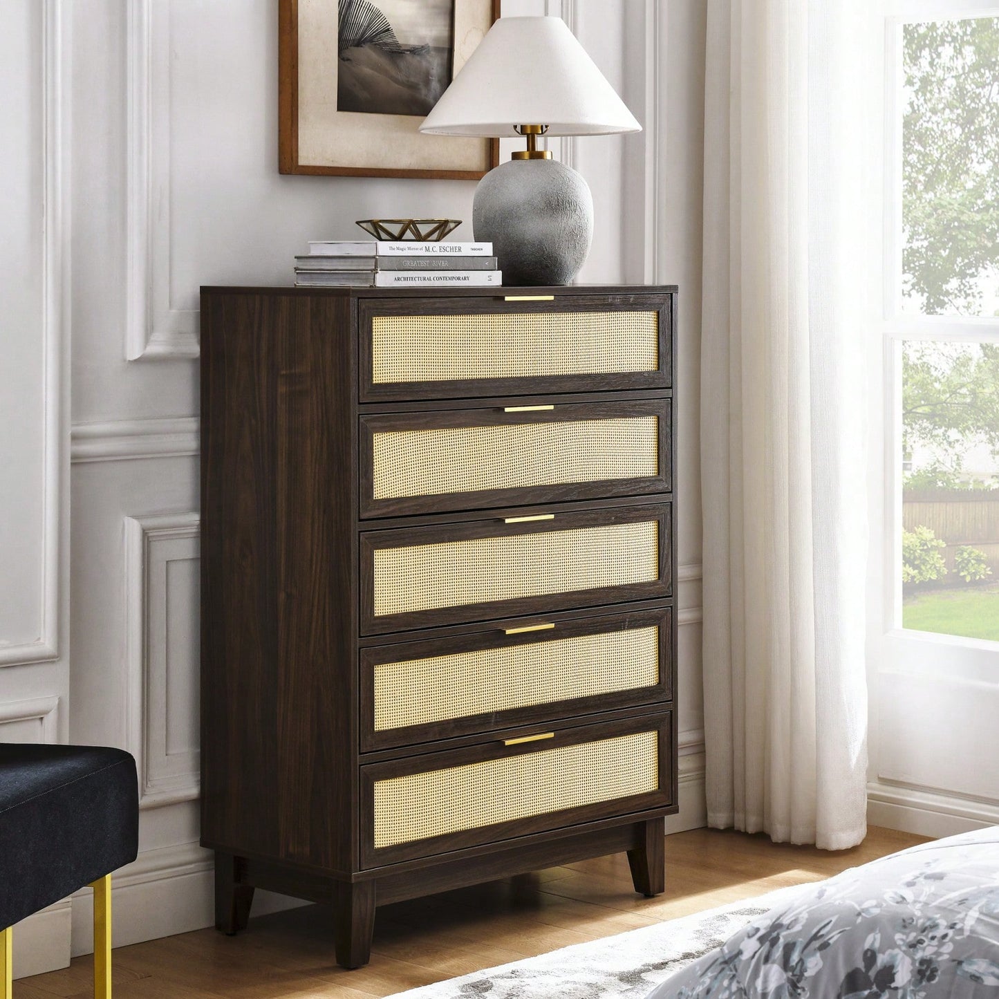 Modern 5-Drawer Rattan Dresser - Stylish Wooden Chest With Ample Storage For Bedroom, Hallway, Or Living Room