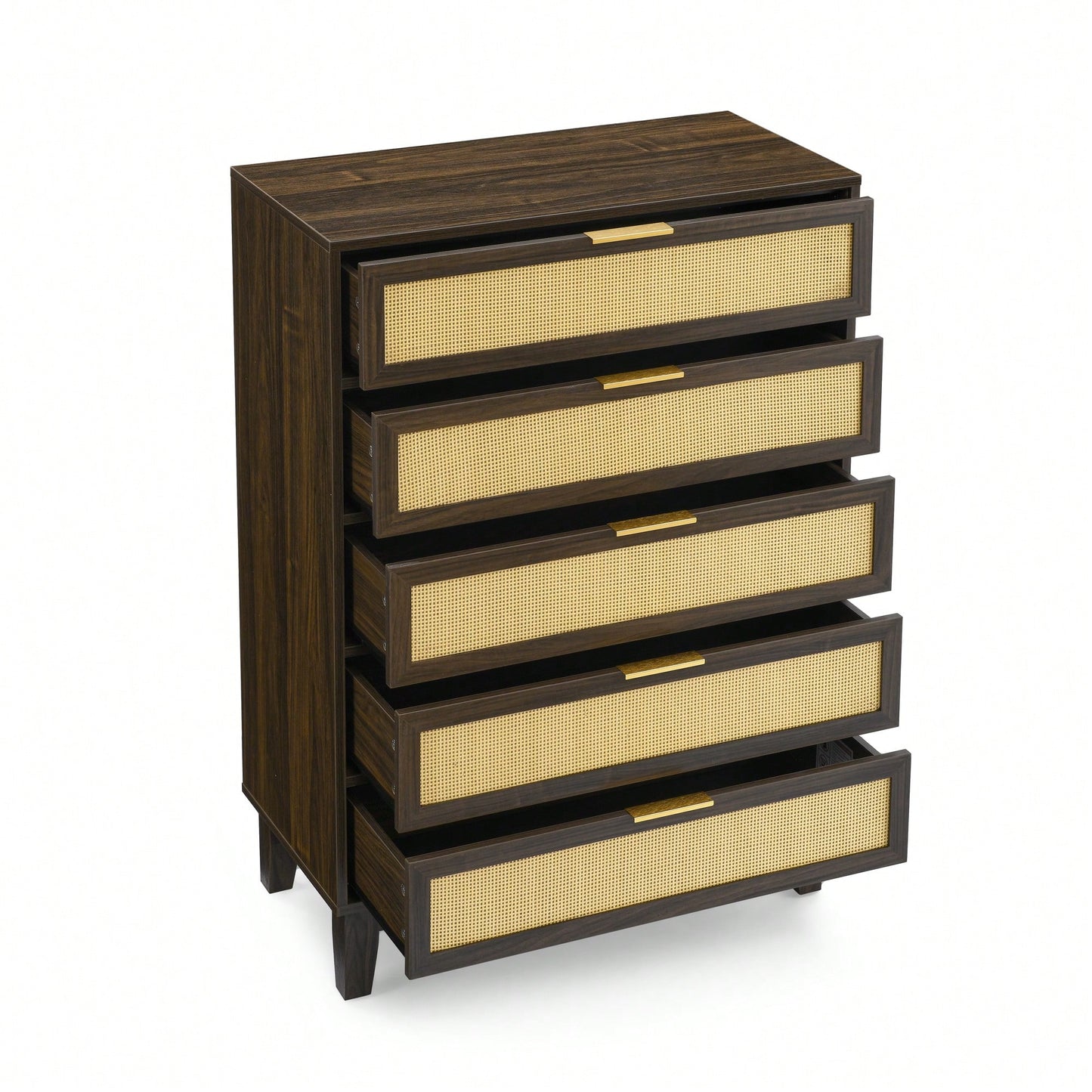 Modern 5-Drawer Rattan Dresser - Stylish Wooden Chest With Ample Storage For Bedroom, Hallway, Or Living Room