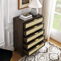 Modern 5-Drawer Rattan Dresser - Stylish Wooden Chest With Ample Storage For Bedroom, Hallway, Or Living Room