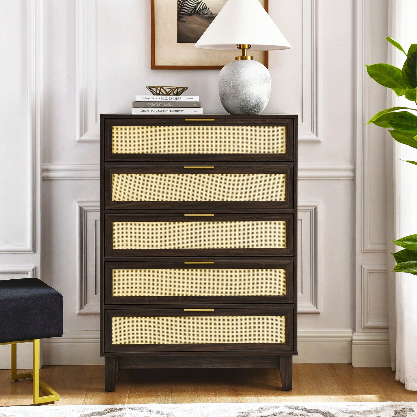 Modern 5-Drawer Rattan Dresser - Stylish Wooden Chest With Ample Storage For Bedroom, Hallway, Or Living Room