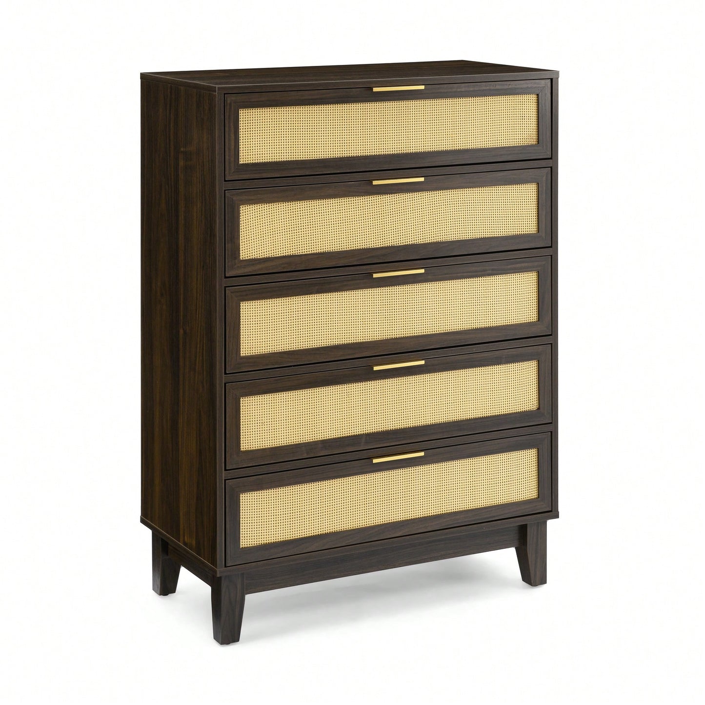 Modern 5-Drawer Rattan Dresser - Stylish Wooden Chest With Ample Storage For Bedroom, Hallway, Or Living Room