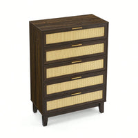 Modern 5-Drawer Rattan Dresser - Stylish Wooden Chest With Ample Storage For Bedroom, Hallway, Or Living Room