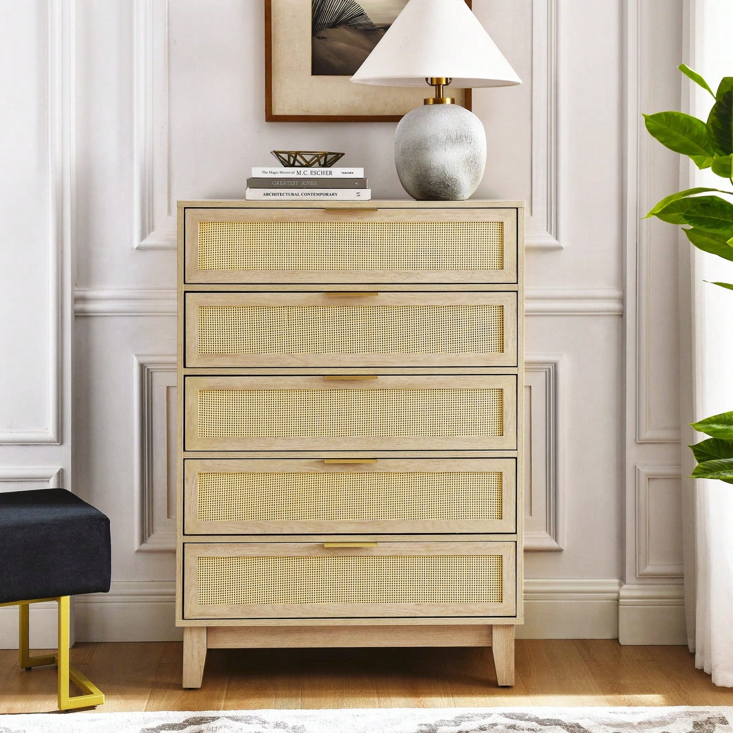 Modern 5-Drawer Rattan Dresser - Stylish Wooden Chest With Ample Storage For Bedroom, Hallway, Or Living Room