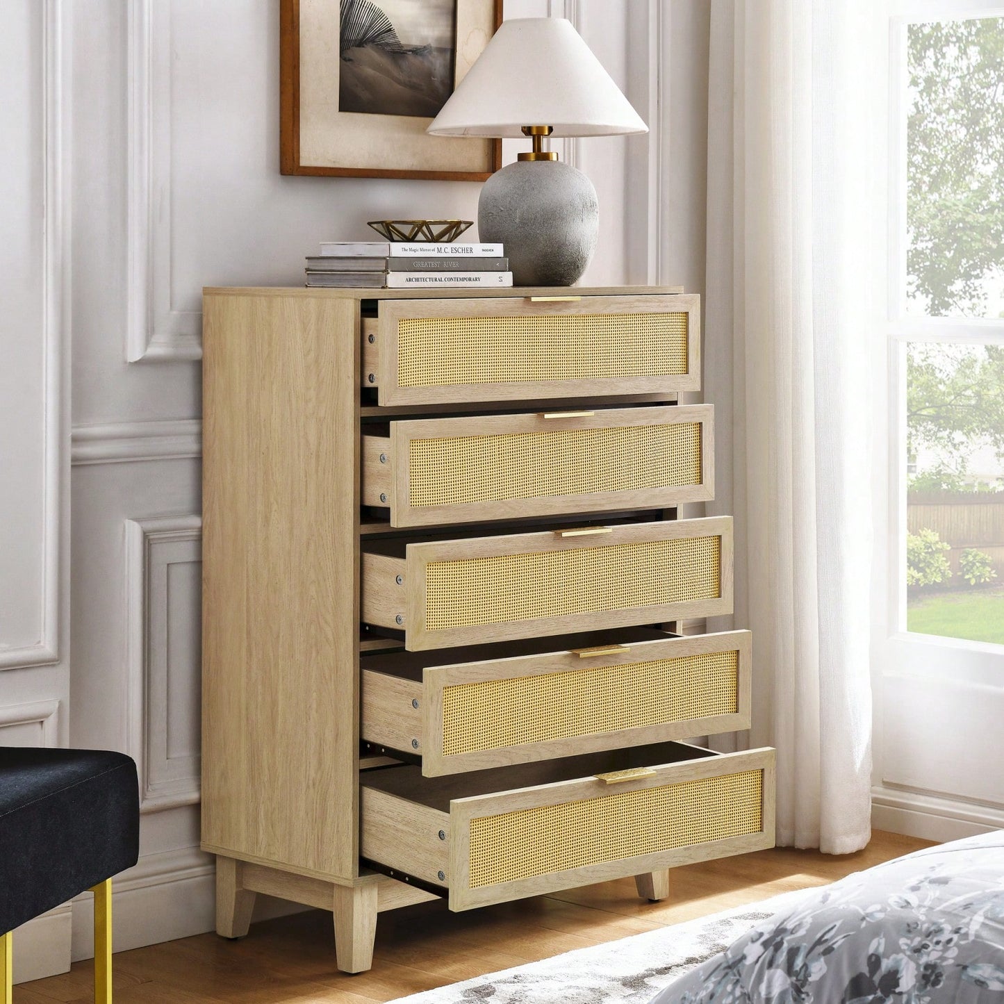 Modern 5-Drawer Rattan Dresser - Stylish Wooden Chest With Ample Storage For Bedroom, Hallway, Or Living Room