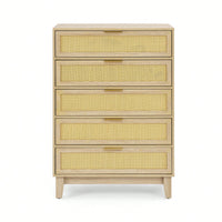 Modern 5-Drawer Rattan Dresser - Stylish Wooden Chest With Ample Storage For Bedroom, Hallway, Or Living Room