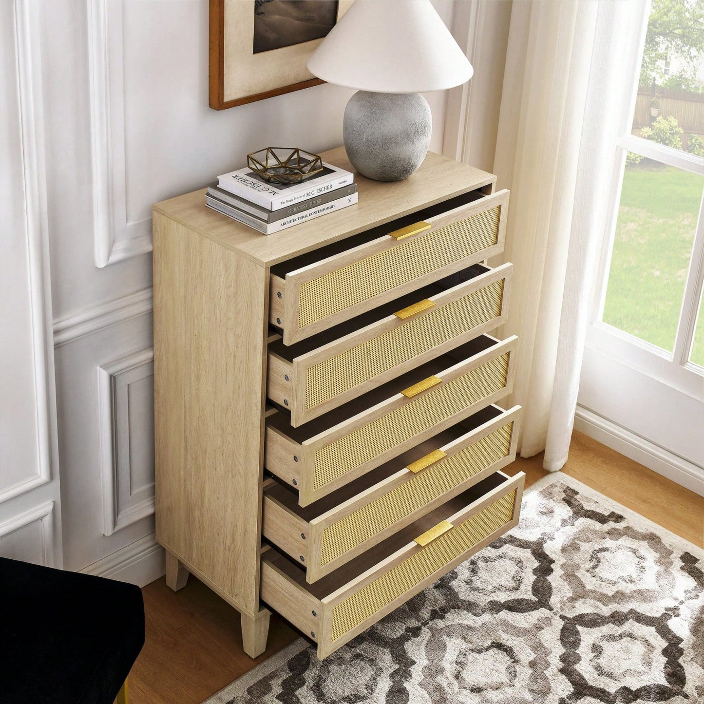 Modern 5-Drawer Rattan Dresser - Stylish Wooden Chest With Ample Storage For Bedroom, Hallway, Or Living Room