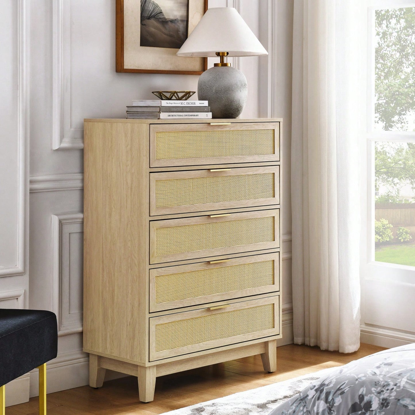 Modern 5-Drawer Rattan Dresser - Stylish Wooden Chest With Ample Storage For Bedroom, Hallway, Or Living Room