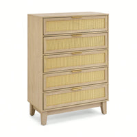 Modern 5-Drawer Rattan Dresser - Stylish Wooden Chest With Ample Storage For Bedroom, Hallway, Or Living Room