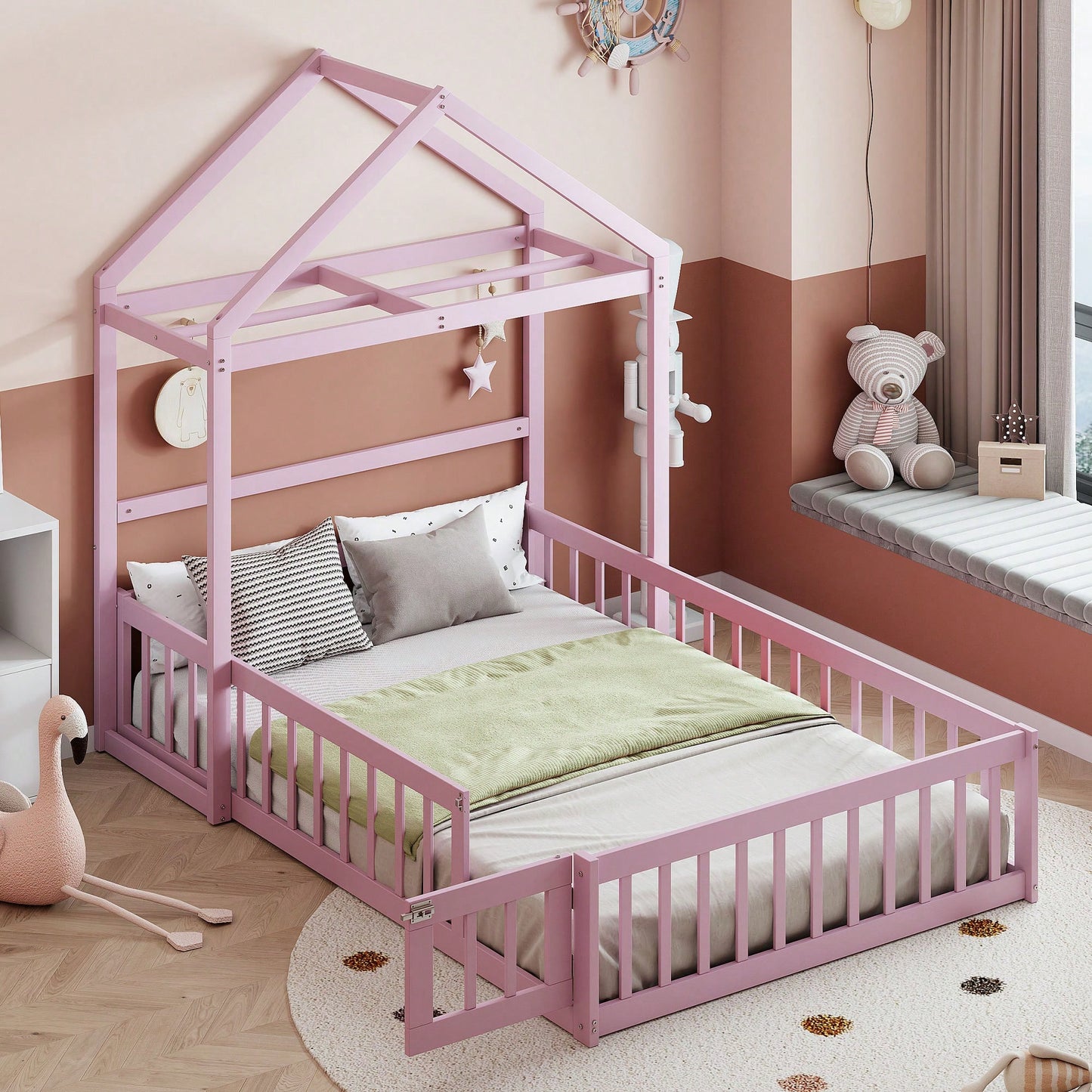 Full Size Wooden Bed With Fence Railings & Detachable House Headboard - Montessori Playhouse Frame For Kids, Dress-Up Rack & Pink Accents