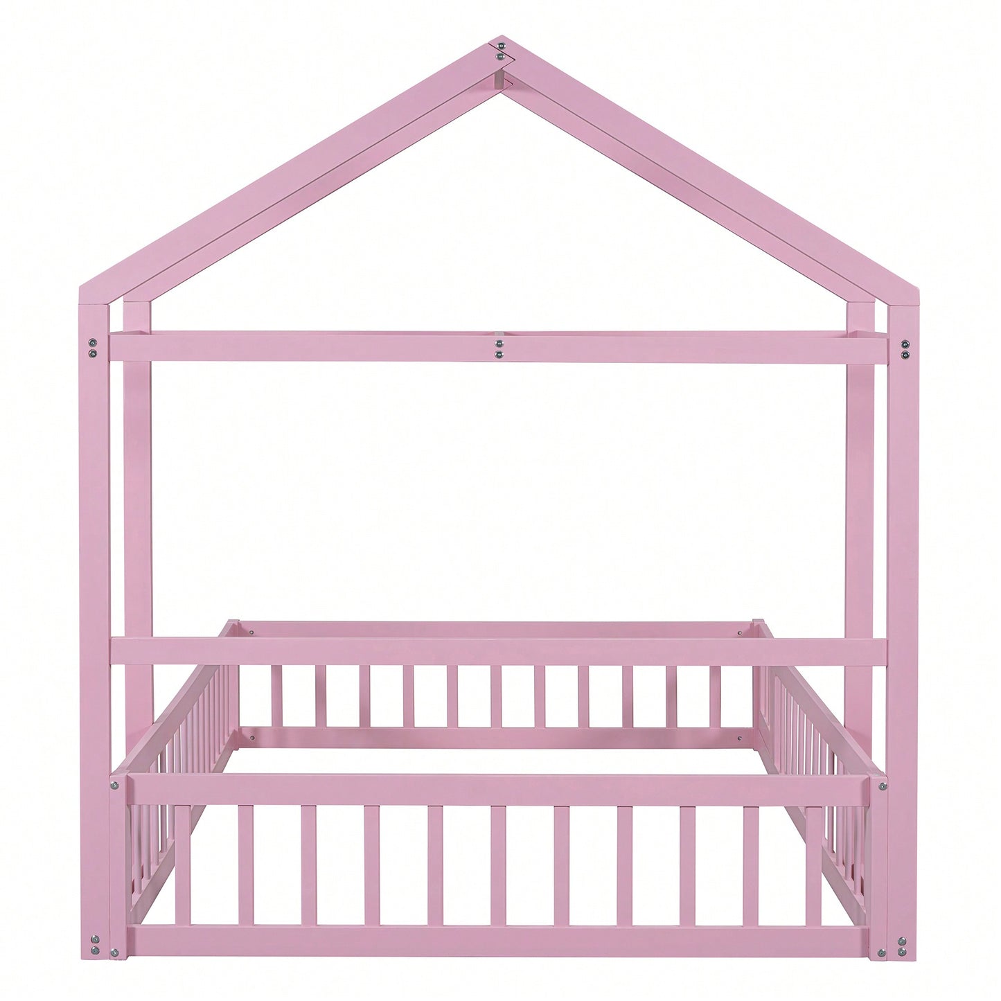 Full Size Wooden Bed With Fence Railings & Detachable House Headboard - Montessori Playhouse Frame For Kids, Dress-Up Rack & Pink Accents