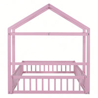 Full Size Wooden Bed With Fence Railings & Detachable House Headboard - Montessori Playhouse Frame For Kids, Dress-Up Rack & Pink Accents