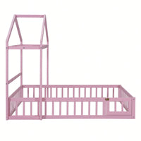 Full Size Wooden Bed With Fence Railings & Detachable House Headboard - Montessori Playhouse Frame For Kids, Dress-Up Rack & Pink Accents