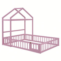 Full Size Wooden Bed With Fence Railings & Detachable House Headboard - Montessori Playhouse Frame For Kids, Dress-Up Rack & Pink Accents