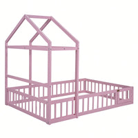 Full Size Wooden Bed With Fence Railings & Detachable House Headboard - Montessori Playhouse Frame For Kids, Dress-Up Rack & Pink Accents