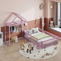 Full Size Wooden Bed With Fence Railings & Detachable House Headboard - Montessori Playhouse Frame For Kids, Dress-Up Rack & Pink Accents