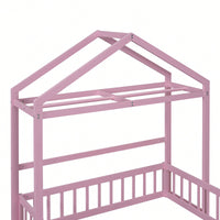 Full Size Wooden Bed With Fence Railings & Detachable House Headboard - Montessori Playhouse Frame For Kids, Dress-Up Rack & Pink Accents