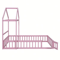 Full Size Wooden Bed With Fence Railings & Detachable House Headboard - Montessori Playhouse Frame For Kids, Dress-Up Rack & Pink Accents