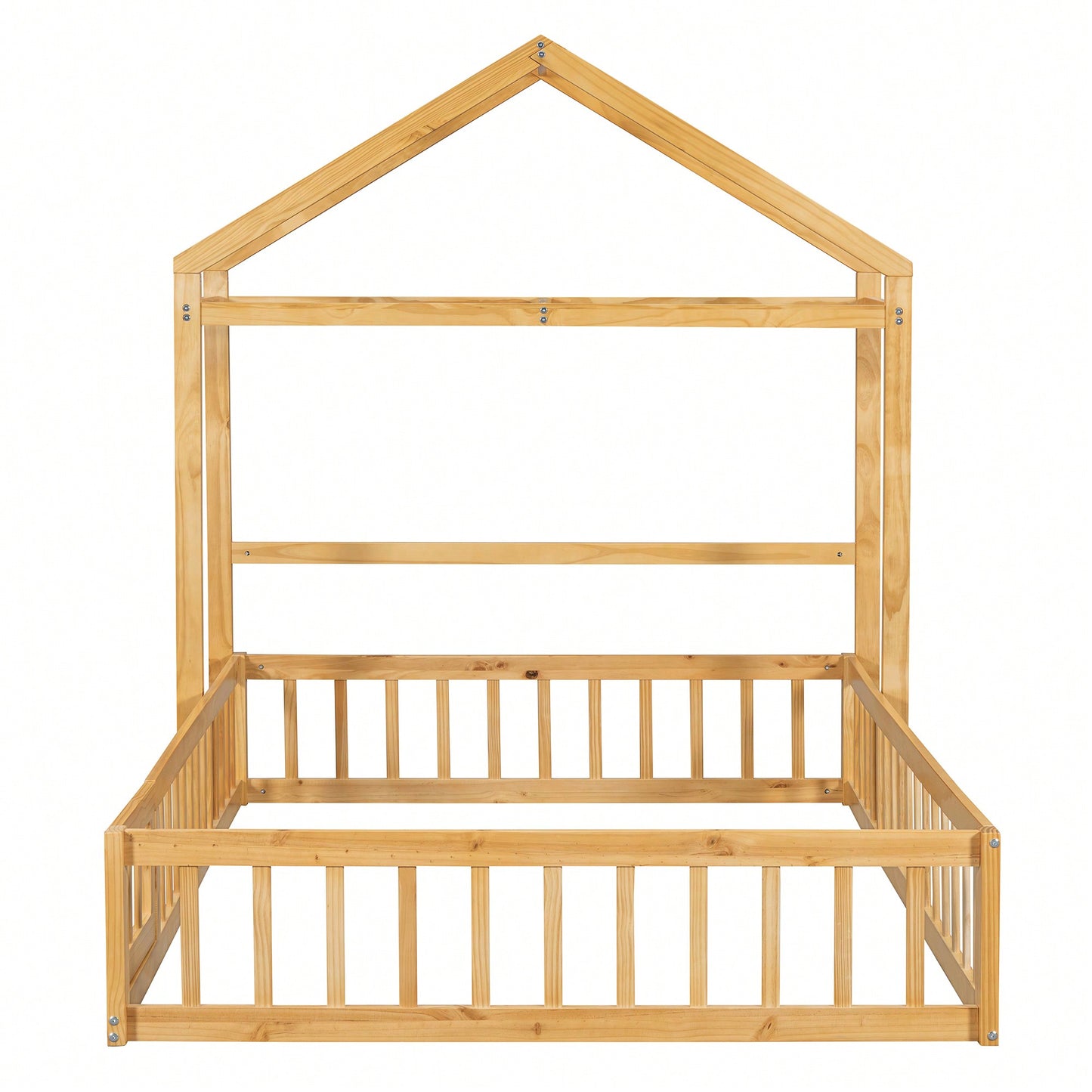 Full Size Wooden Bed With Fence Railings & Detachable House Headboard - Montessori Playhouse Frame For Kids, Dress-Up Rack & Pink Accents