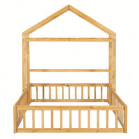 Full Size Wooden Bed With Fence Railings & Detachable House Headboard - Montessori Playhouse Frame For Kids, Dress-Up Rack & Pink Accents