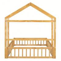 Full Size Wooden Bed With Fence Railings & Detachable House Headboard - Montessori Playhouse Frame For Kids, Dress-Up Rack & Pink Accents