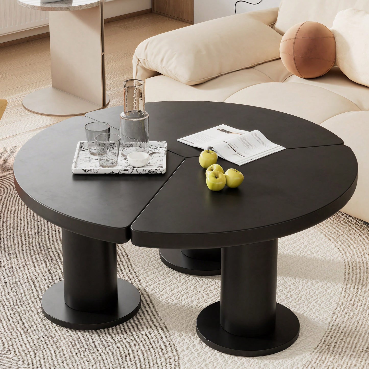 Elegant 39.4'' Round Petal-Shaped Coffee Table With Thick Legs - Minimalist Cream Center Table Ideal For Living Room Décor